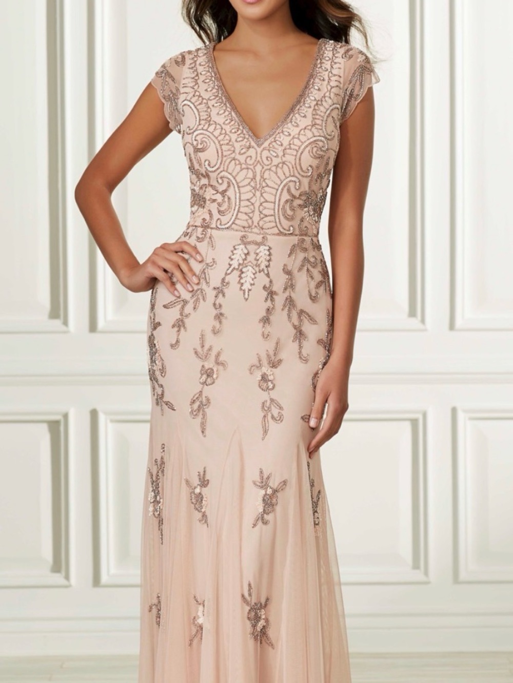 Adrianna Papell Blush Beaded V-Neck Embellished Prom Gown